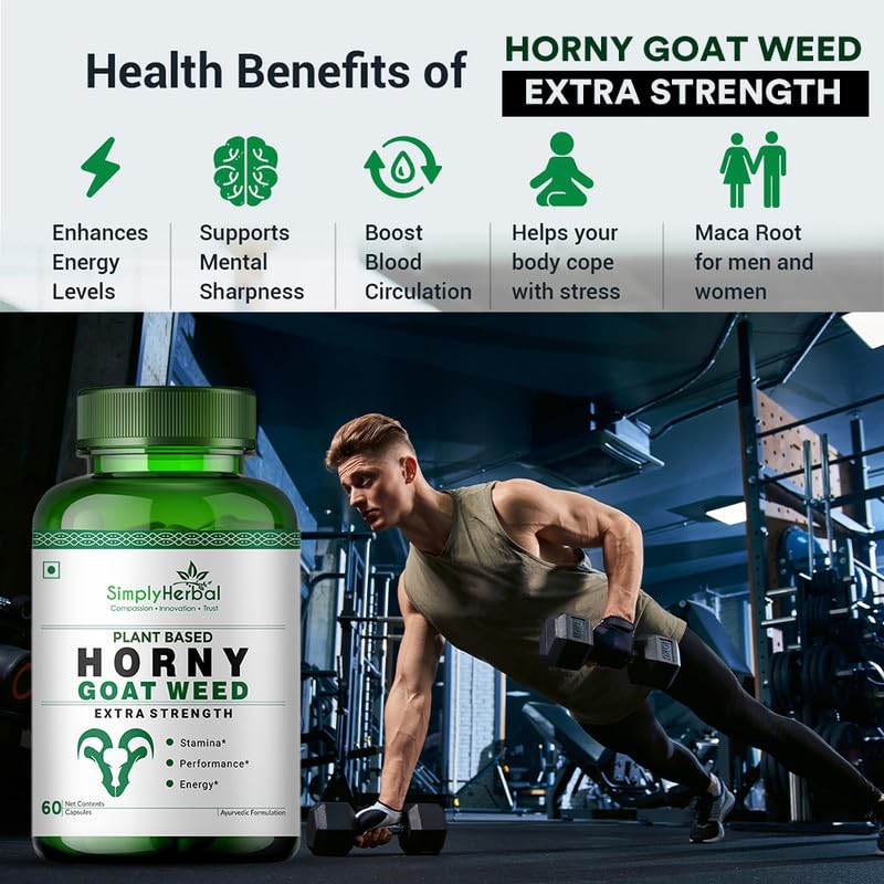 Simply Herbal Horny Goat Weed Capsules for Men & Women | With Maca Root, Tongkat Ali & Ginseng | 800mg per Serving | 60 Vegan Capsules | Energy, Vitality & Endurance Support Supplement