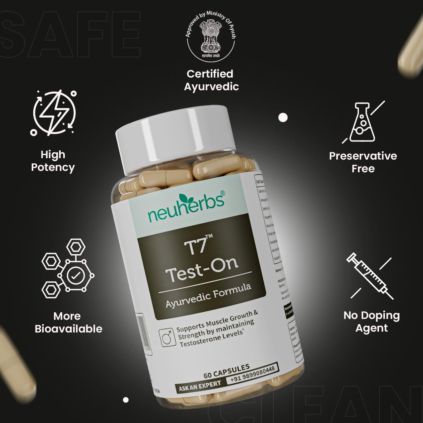 Neuherbs Ayurvedic T7 Test On For Men, With Shilajit, Ashwagandha, Gokshura, Kali Mirch, Safed Musli, Kapikachhu seed for Muscle Growth, Strength & Stamina | 60 Capsules