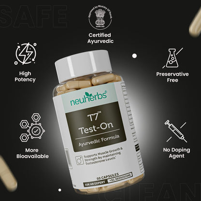 Neuherbs Ayurvedic T7 Test On For Men, With Shilajit, Ashwagandha, Gokshura, Kali Mirch, Safed Musli, Kapikachhu seed for Muscle Growth, Strength & Stamina | 60 Capsules