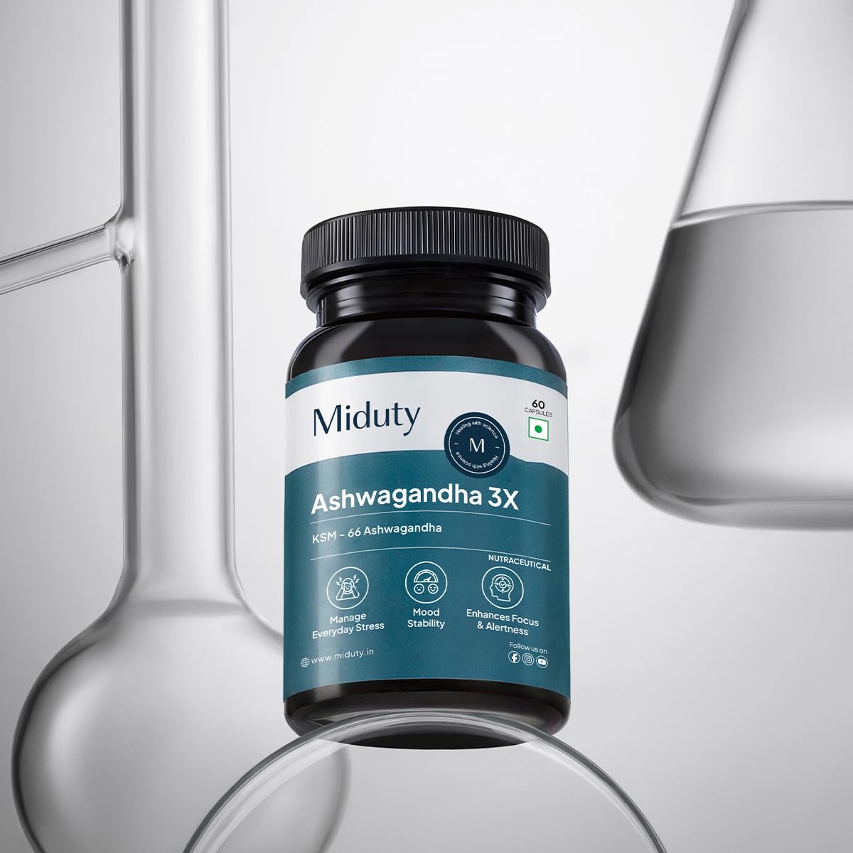Miduty Palak Notes Ashwagandha 3X (500 mg) Supplement - KSM 66 Ashwagandha - Triple Strength Formula - For Mood Stability - Focus, Strength and Stress - 60 Veg Capsules