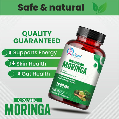 Organic Moringa Tablet with 1200mg Leaves Extract | Powder Tablets for Immunity, Digestion & Energy | Organic Leaves 120 Tablets