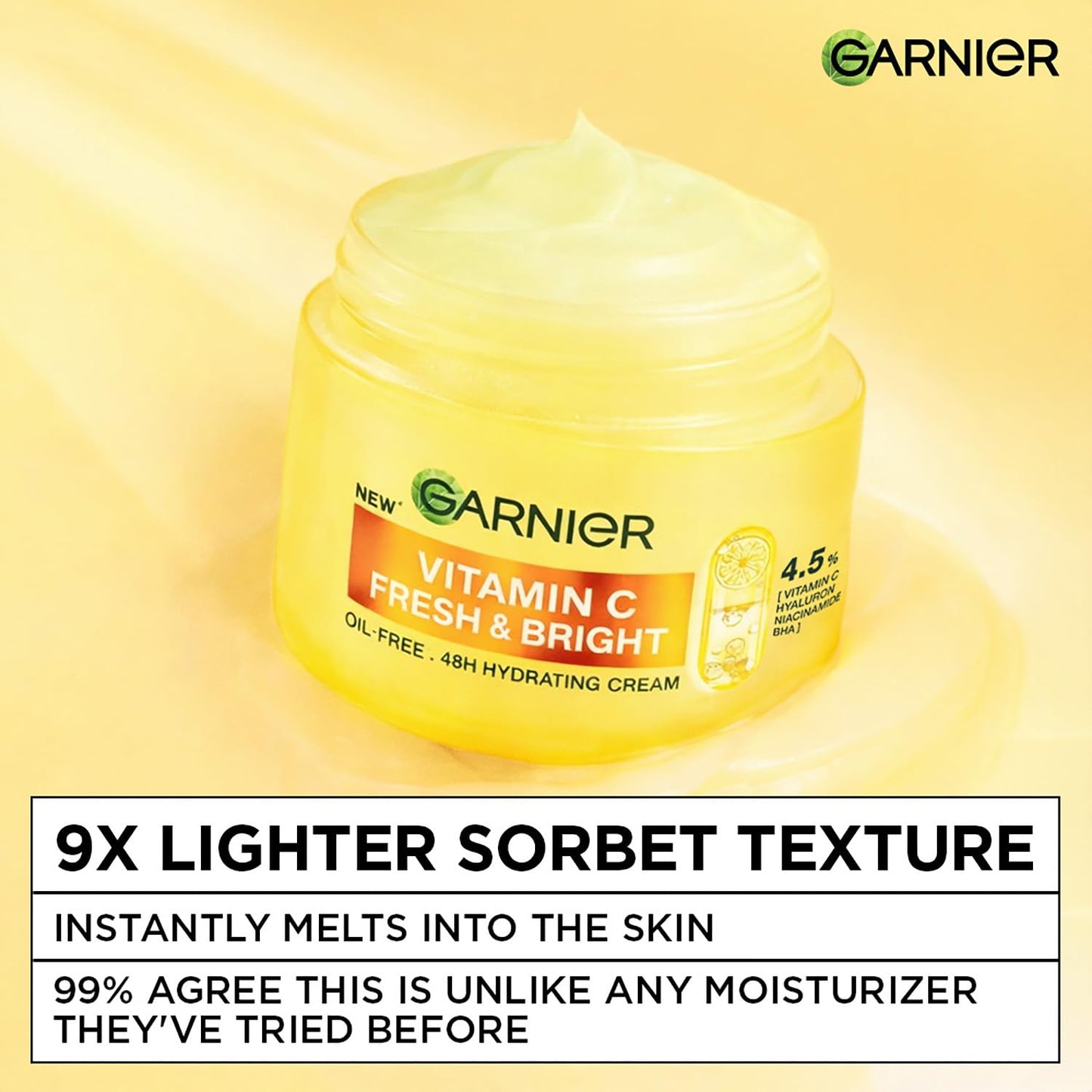 Garnier Fresh & Bright Vitamin C Sorbet Moisturizer, 4.5% Vit C + Hyaluronic Acid + Niacinamide + BHA, 9x Lighter Sorbet Cream, For Hydration & Dark Spot Reduction, Suitable for Oily to Normal & Combination Skin, 45g