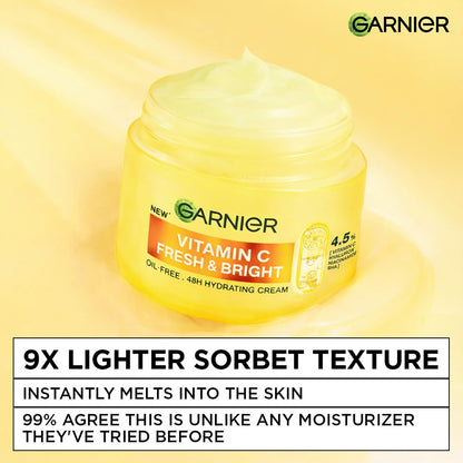 Garnier Fresh & Bright Vitamin C Sorbet Moisturizer, 4.5% Vit C + Hyaluronic Acid + Niacinamide + BHA, 9x Lighter Sorbet Texture, For Hydration & Dark Spot Reduction, Suitable for Oily to Normal & Combination Skin, 90g