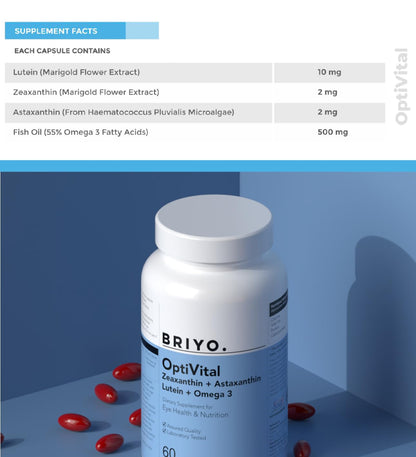Briyo OptiVital Eye Health Supplement â€“ Lutein, Zeaxanthin, Astaxanthin & Omega-3 from Natural Sources â€“ Supports Vision, Retinal Health & Eye Strain Relief â€“ 60 Capsules