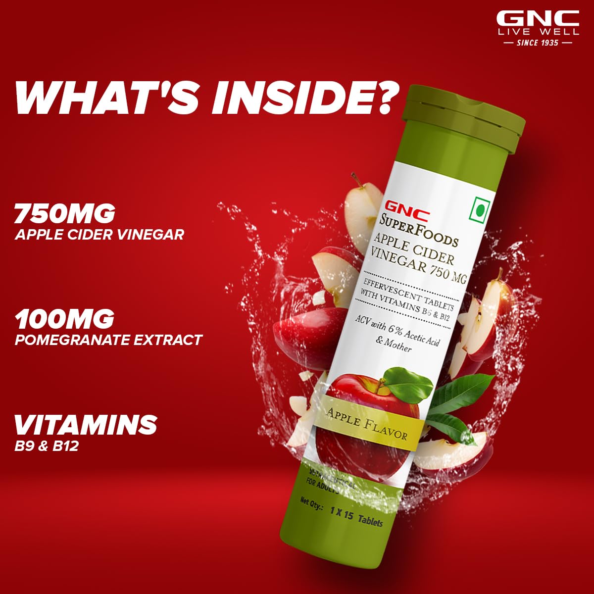 GNC Apple Cider Vinegar Effervescent Tablets | 750mg ACV With The Mother | Supports Weight Loss | Healthy Gut & Digestion | With 6% Acetic Acid, Vitamin B6 & B12 | Apple Flavor - 15 Tablets