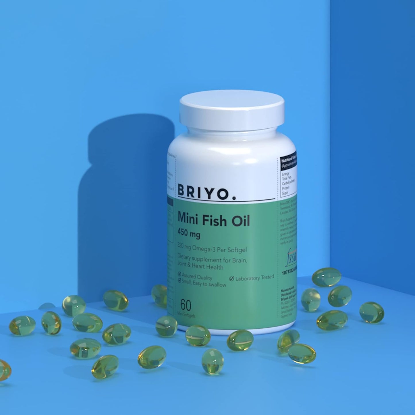 Briyo Fish Oil Mini (450 mg Size) -60 softgels - 71.39% Omega 3 (320 mg Omega 3) per 450 mg capsule