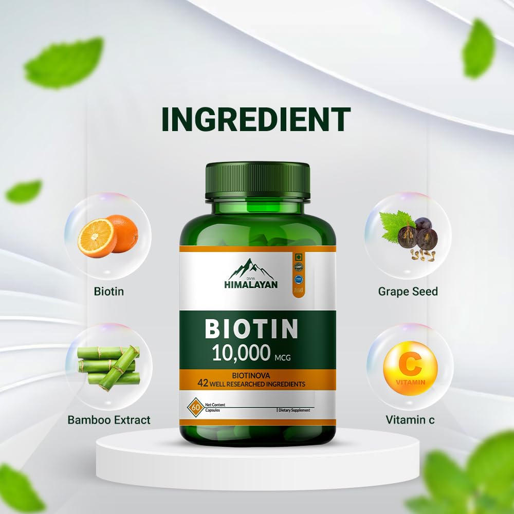 Divya Himalayan Biotin 10,000 MCG | Hair, Skin & Nail Support | 60 Vegan Capsules | High Potency | Non-GMO, Gluten-Free