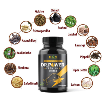 Max Ayurveda Dr Power Premium Capsules and Massage Oil For Men (30 Capsules + 20ml Oil Bottle) Combo Pack