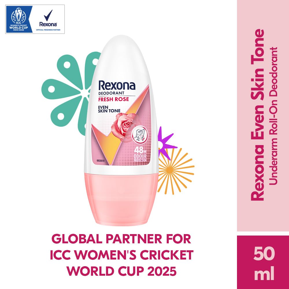 Rexona Fresh Rose Underarm Roll On Deodorant For Women, Antiperspirant With Glycerine, Removes Odour, Keeps Skin Fresh & Clean, Alcohol Free, 50 ml