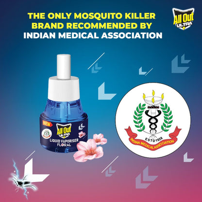 All Out Ultra Floral Liquid Vaporizer, Machine + 2 Refills (45ml each) | Kills Dengue, Malaria & Chikungunya Mosquitoes | India's Only Mosquito Killer Brand Recommended by Indian Medical Association