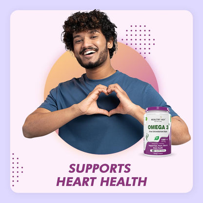 HealthyHey Nutrition Natural Omega 3 - Support Heart, Brain & Joint - Sourced from Algae - Fish Oil-free - 60 Veg Capsules
