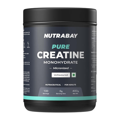 Nutrabay Pure Micronised Creatine Monohydrate Powder 3000 mg/Serving |Trustified Certified | Fast Absorption â€“ Increases Lean Muscle Mass, Strength & Power â€“ 400g, Unflavoured