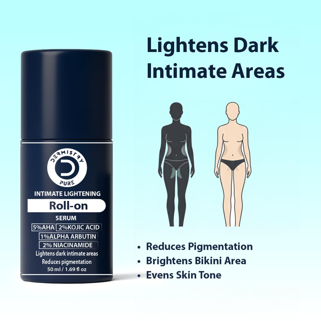 Dermistry Intimate Lightening Brightening Roll On Serum for Private Parts Bikini Area Inner Thighs Men Women Targets Dark Spots Pigmentation Reduces Itching Dryness Bad Odor 50ml