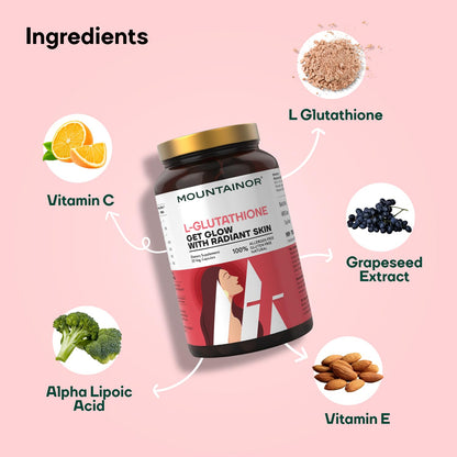 MOUNTAINOR L- Glutathione for Skin Whitening 1000mg With Grapeseed, Vit C,E, Hyaluronic Acid, Biotin Helps Reducing Melanin, Clear, Glowing Skin. Natural 30 Veg caps