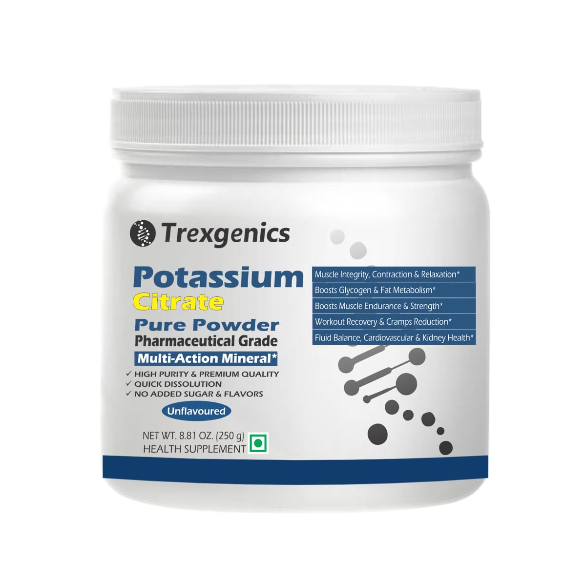 Trexgenics POTASSIUM CITRATE Pure Powder Pharmaceutical Grade Electrolyte Balance, Nerve & Muscle Health (250 gram / 8.81 OZ)