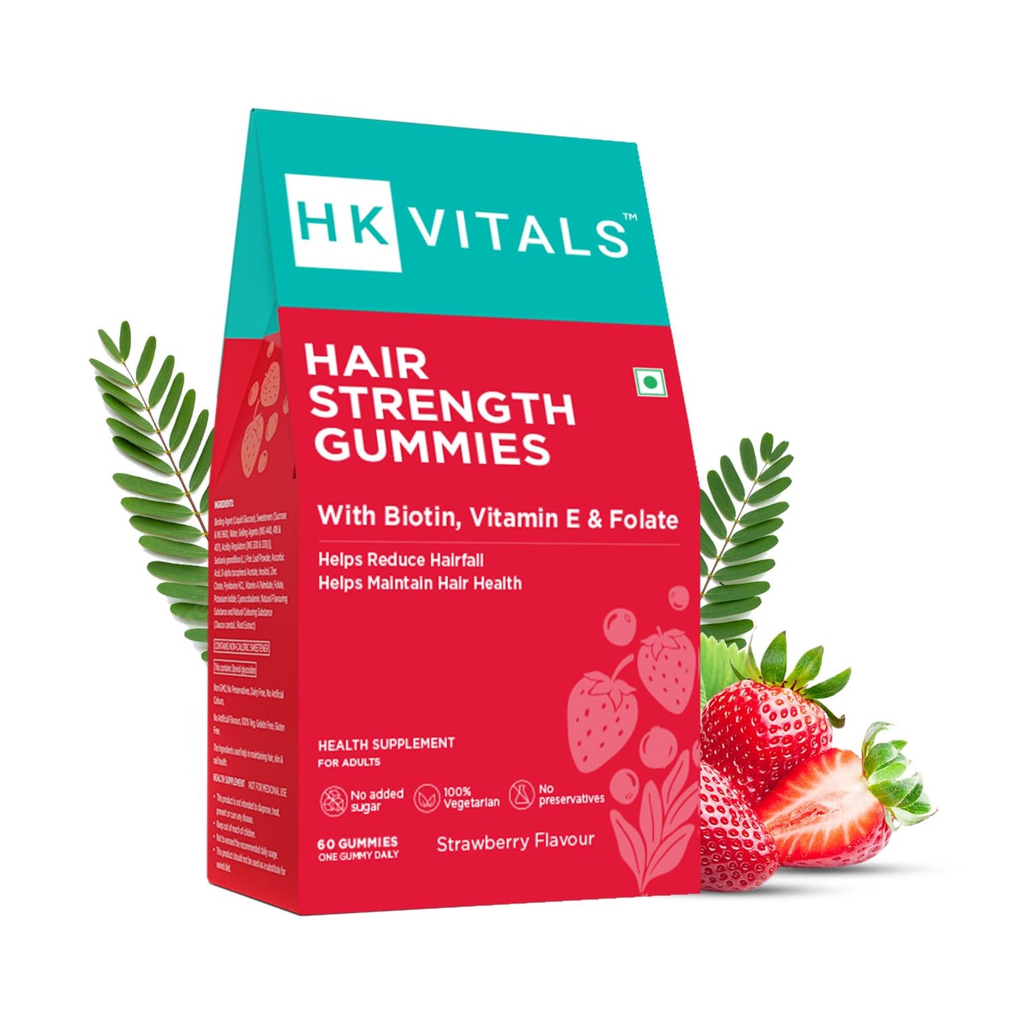 HealthKart HK Vitals Hair Strength (Strawberry, 60 Biotin Gummies) | With Zinc, Vitamin C, A, and E, Vegan, Gluten Free | For Healthier Skin, Hair, and Nails