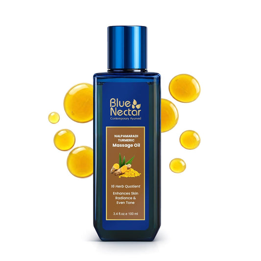 Blue Nectar Nalpamaradi Thailam Skin Brightening Treatment Oil | Plant Based Body Oil and Face Oil for Glowing Skin Infused with Turmeric, Amla and Manjistha (16herbs, 100ml)