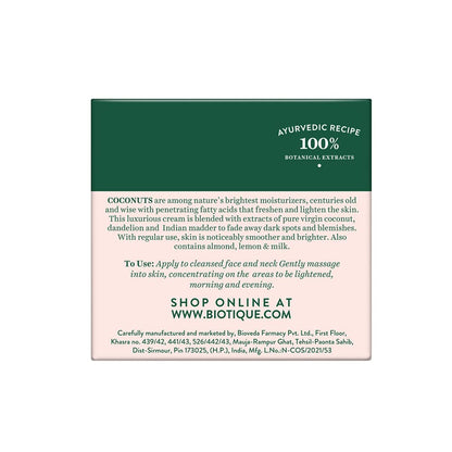 Biotique Coconut Brightening Instant Glow Cream| Lightweight and Non-Greasy | Reduces Dark Spots and Protects Ageing | Nourished and Moisturized Skin |100% Botanical Extracts| All Skin Types | 50gm