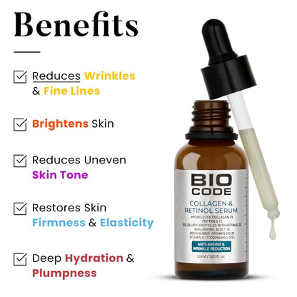 Bio Code Hydrolyzed Collagen 2% Face Serum (30ml) â€“ with 2% Retinol SLP, 1% Peptides & 3% Niacinamide | For Anti-Aging & Wrinkle Reduction | AI-Enhanced Formula | Dermatologist Recommended
