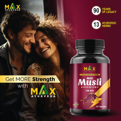 Max Ayurveda Musli Premium Capsules For Men | Strength, Power, & Vitality Booster | 100% Vegan and GMP Certified - 30 Capsules, Pack of 1