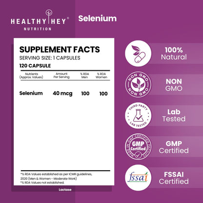 HealthyHey Nutrition Selenium 40mcg, 120 Capsules | Immune Support & Superior Absorption | Non-GMO