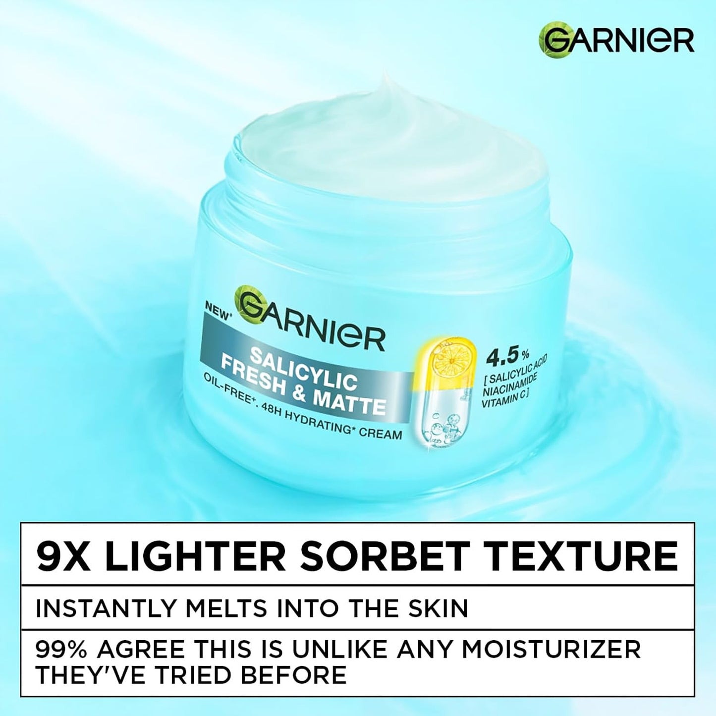 Garnier Fresh & Matte Salicylic Acid Sorbet Moisturizer Cream, 4.5% Salicylic Acid + Niacinamide + Vitamin C, 9x Lighter Sorbet Cream, For Hydration & Oil Control, Suitable for Oily to Normal & Combination Skin, 45g