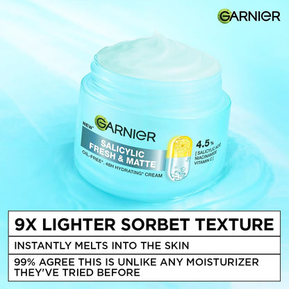 Garnier Fresh & Matte Salicylic Acid Sorbet Moisturizer Cream, 4.5% Salicylic Acid + Niacinamide + Vitamin C, 9x Lighter Sorbet Cream, For Hydration & Oil Control, Suitable for Oily to Normal & Combination Skin, 45g