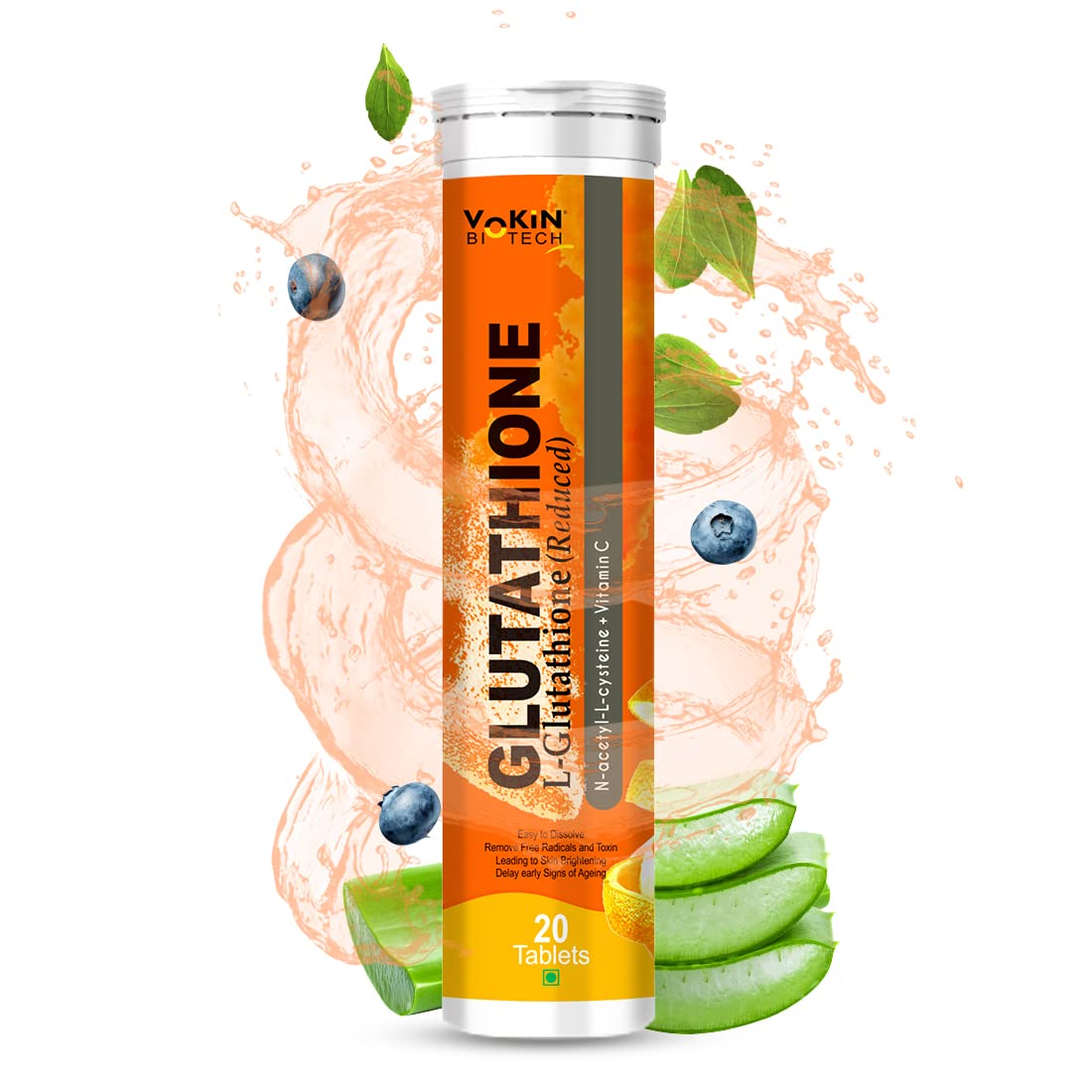 Vokin Biotech L-Glutathione 600mg With N-Acetyl-L-Cysteine 400mg & Vitamin C 40mg Helps for Glowing & Radiant Skin | Dark spots & Tan Removal 20 Effervescent Tablets (20 Tablets)