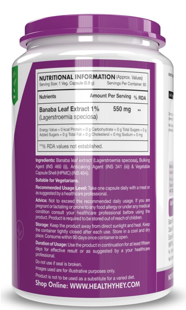 HealthyHey Nutrition Banaba Leaf Extract 550mg 60 Veg Capsules (Non-GMO & Gluten Free) - Supports Healthy Blood Sugar Levels