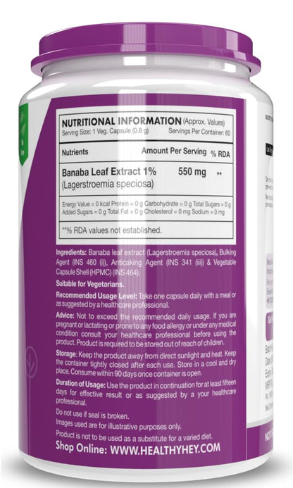 HealthyHey Nutrition Banaba Leaf Extract 550mg 60 Veg Capsules (Non-GMO & Gluten Free) - Supports Healthy Blood Sugar Levels