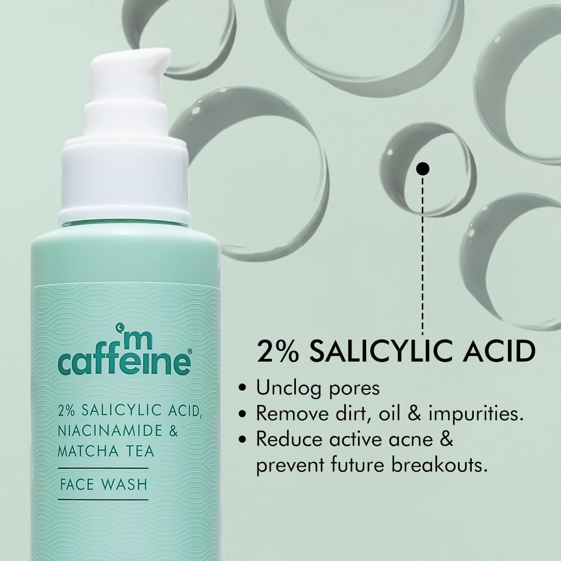 mcaffeine 2% Salicylic Acid Niacinamide & Matcha Tea Face Wash|Anti Acne Cleanser For Pimples|Suitable For Acne Prone & Oily Skin|Fights 99% Bacteria|Sulphate Free Face Wash For Women And Men-100 Ml