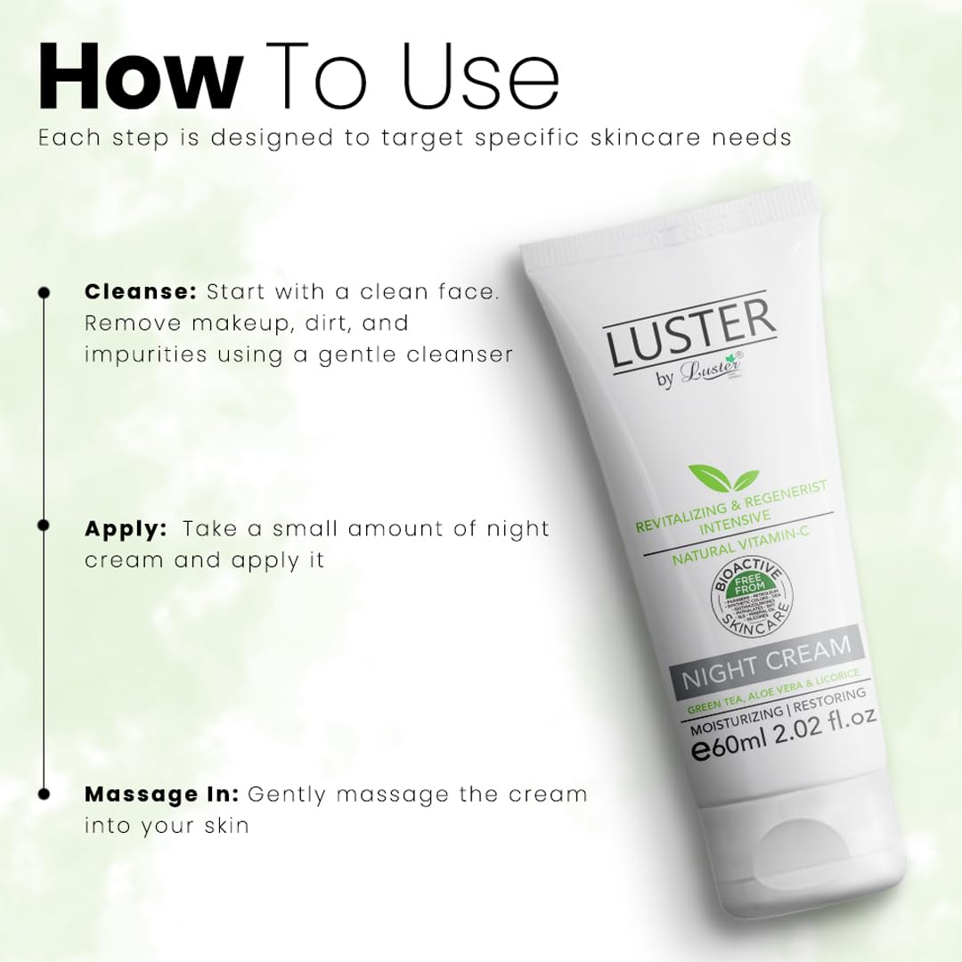 Luster Night Cream Revitalizing & Regenerist Intensive Made With Natural Vitamin â€“ C | Night Cream For Women & Men | Overnight Repair | 100% Organic Acne-Prone Treatment - 60ml