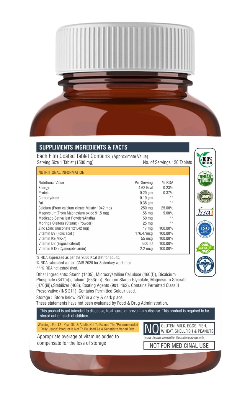 The Body Reserve Calcium, Magnesium, Zinc with Vitamin K2, MK7 & B12 â€“ 120 Tablets for Bone & Joint Health (4-Month Pack)