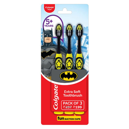 Colgate Kids Batman Manual Toothbrush (Pack of 3,Multicolor) & Colgate Kids Anticavity Toothpaste for 2-5 Years - 80gm (Strawberry flavour) COMBO