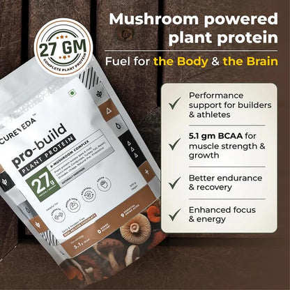 Cureveda Pro-Build Plant Protein Powder | 27g Vegan Protein + 6 Mushrooms | 5.1g BCAA & Digestive Enzymes | Cordyceps, Lionâ€™s Mane, Reishi, Chaga, Shiitake, Turkey Tail | Chocolate | 500g