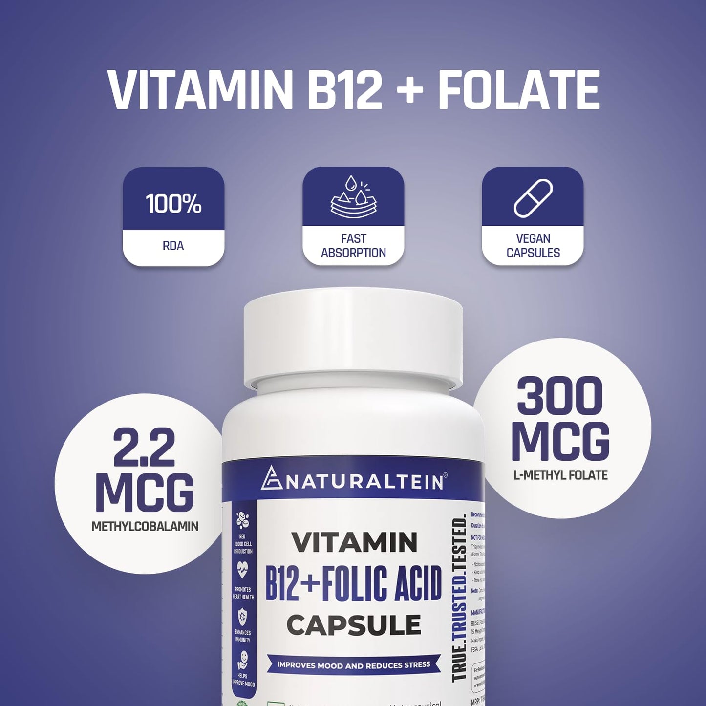 NATURALTEIN Vitamin B12 + Folate Capsules (60 Capsules) | High Strength Methylcobalamin & L-Methyl Folate | Supports Energy, Brain & Heart Health | Lab-Tested | With Rice Starch & Vegetarian HPMC Capsule Shell