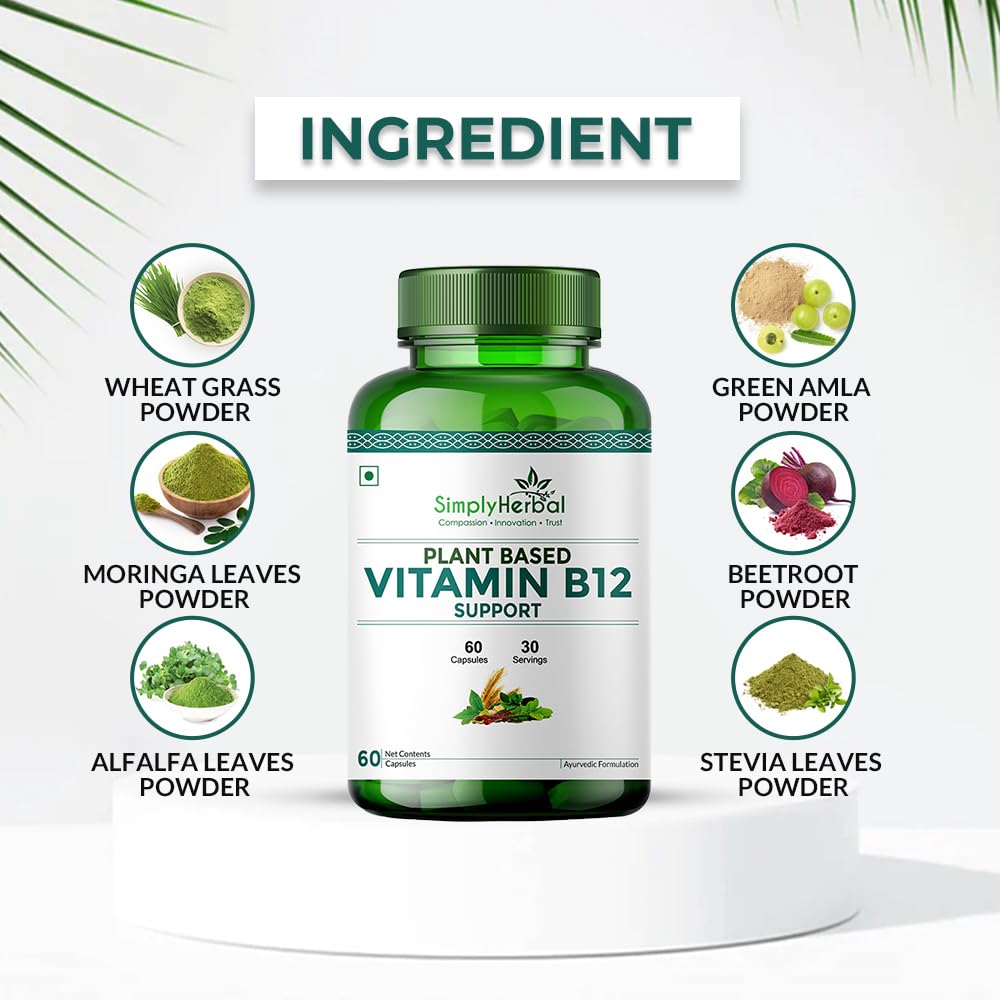 Simply Herbal Plant Based Vitamin B12 Capsules Improves Your Brain Function & Nervous System for Men & Women, (60 Capsules)