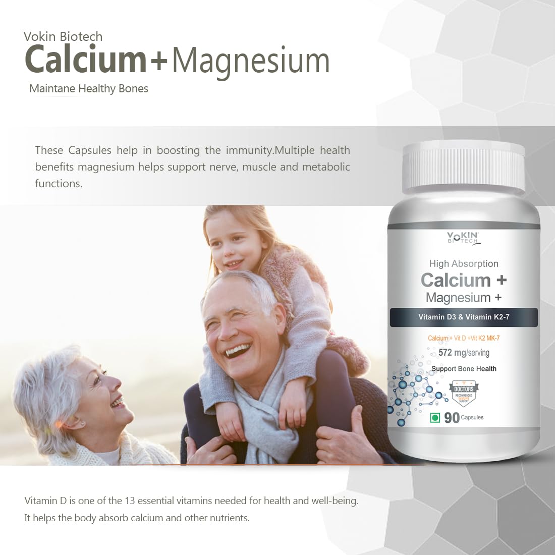 Vokin Biotech Calcium with Magnesium, Vitamin D3 & Vitamin K2- Mk-7 - Support Bone Health- 572mg - (90 Capsule)