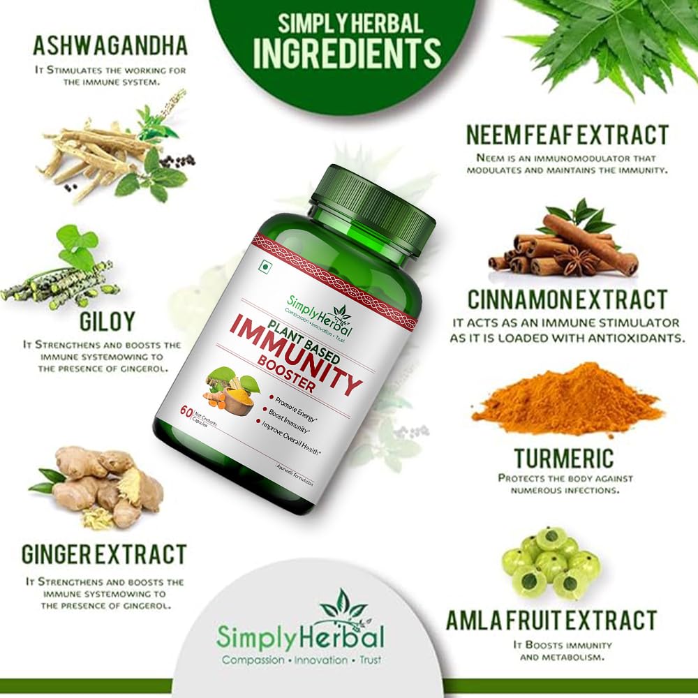 Simply Herbal Plant Based Organic Immunity Booster Capsules for Men & Women, Immunity Blend of Giloy, Haldi, Ashwagandha, Aloe Vera, Laung, Shatawari and Natural Herbs Heath Dietary Supplement, 60 Capsules