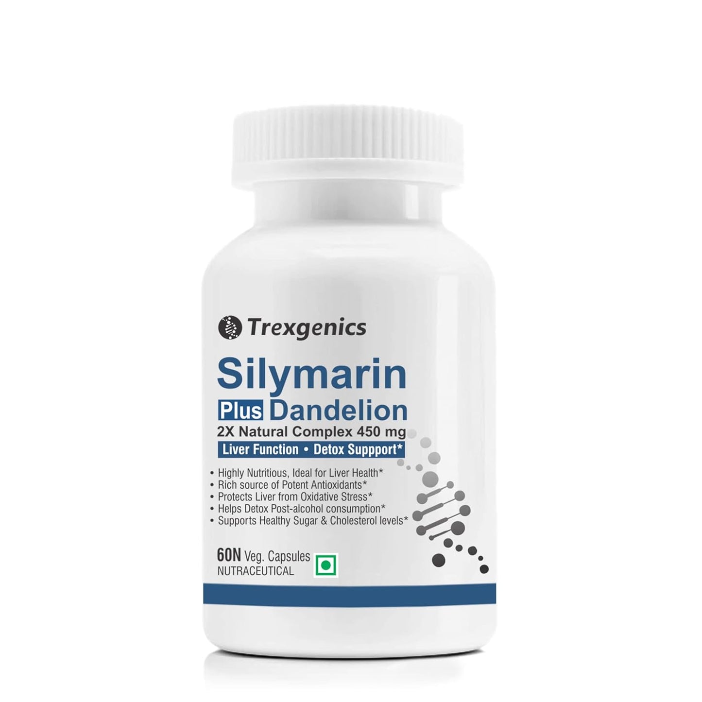 Trexgenics SILYMARIN PLUS 2X Liver Care & Detox with Milk thistle 80% Silymarin 300 mg & Dandelion 4% Flavonoids VEGAN & NON-GMO (60 Veg. Capsules) (Pack of 1)