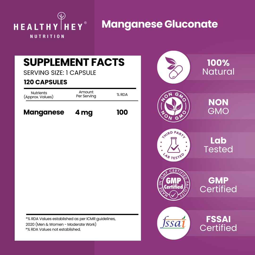 HealthyHey Nutrition Manganese Gluconate - Hypoallergenic Trace Mineral Supplement for Connective Tissue and Bones - 120 Capsules
