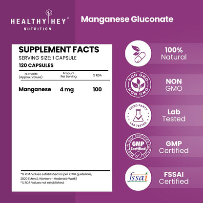 HealthyHey Nutrition Manganese Gluconate - Hypoallergenic Trace Mineral Supplement for Connective Tissue and Bones - 120 Capsules