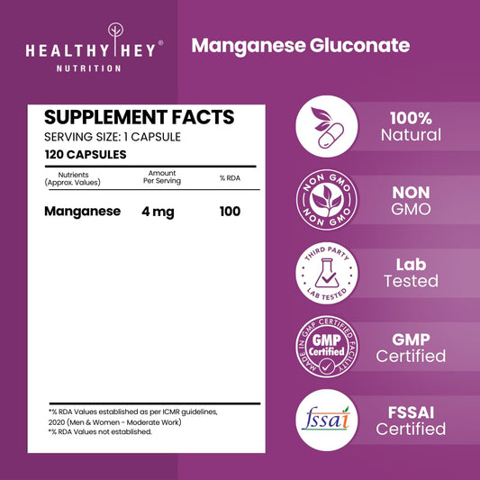 HealthyHey Nutrition Manganese Gluconate - Hypoallergenic Trace Mineral Supplement for Connective Tissue and Bones - 120 Capsules