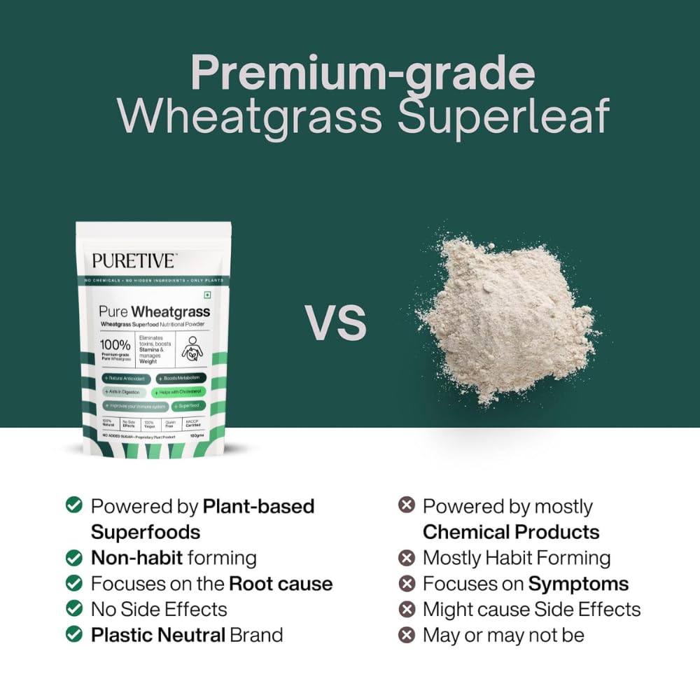 Puretive Wheatgrass Powder | For Energy, Detox, Immunity Booster, Skin Health | 100% PURE, Non-GMO, Vegan Detox Powder | Superfood for Everday use | Just Mix & Sip | 100gms