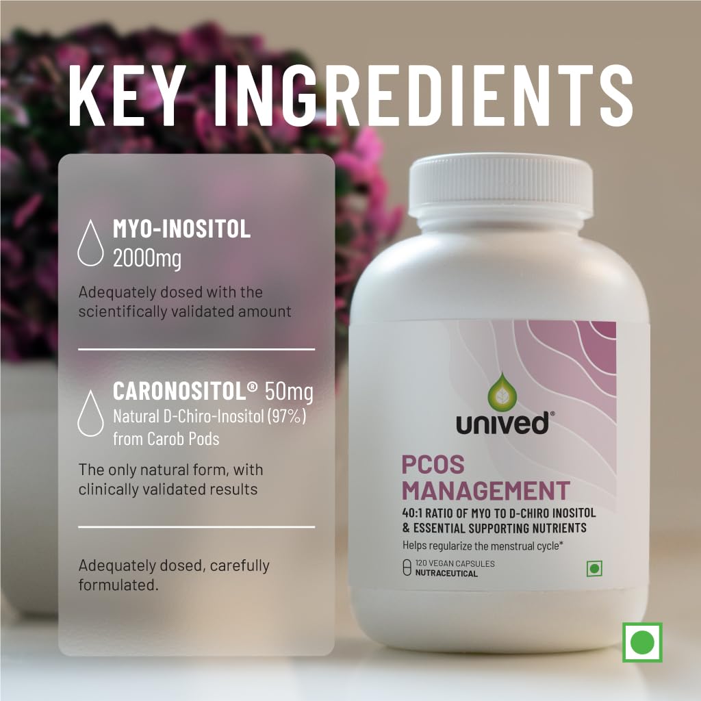 Unived PCOS Management, 40:1 Ratio 2000mg Myo-Inositol to 50mg D-Chiro-Inositol with Natural CaronisitolÂ®, for Acne, Facial Hair, Insulin Resistance (1 Month Supply capsules)
