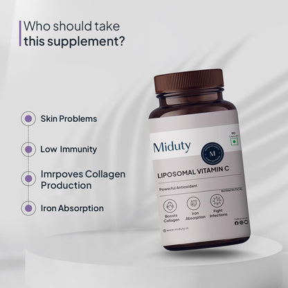 Miduty by Palak Notes Liposomal Vitamin C Supplement Bioavailability, Antioxidant Vitamin, Skin Rejuvenation & Immunity Booster Body Detoxification - Zeal Technology - 90 Capsules