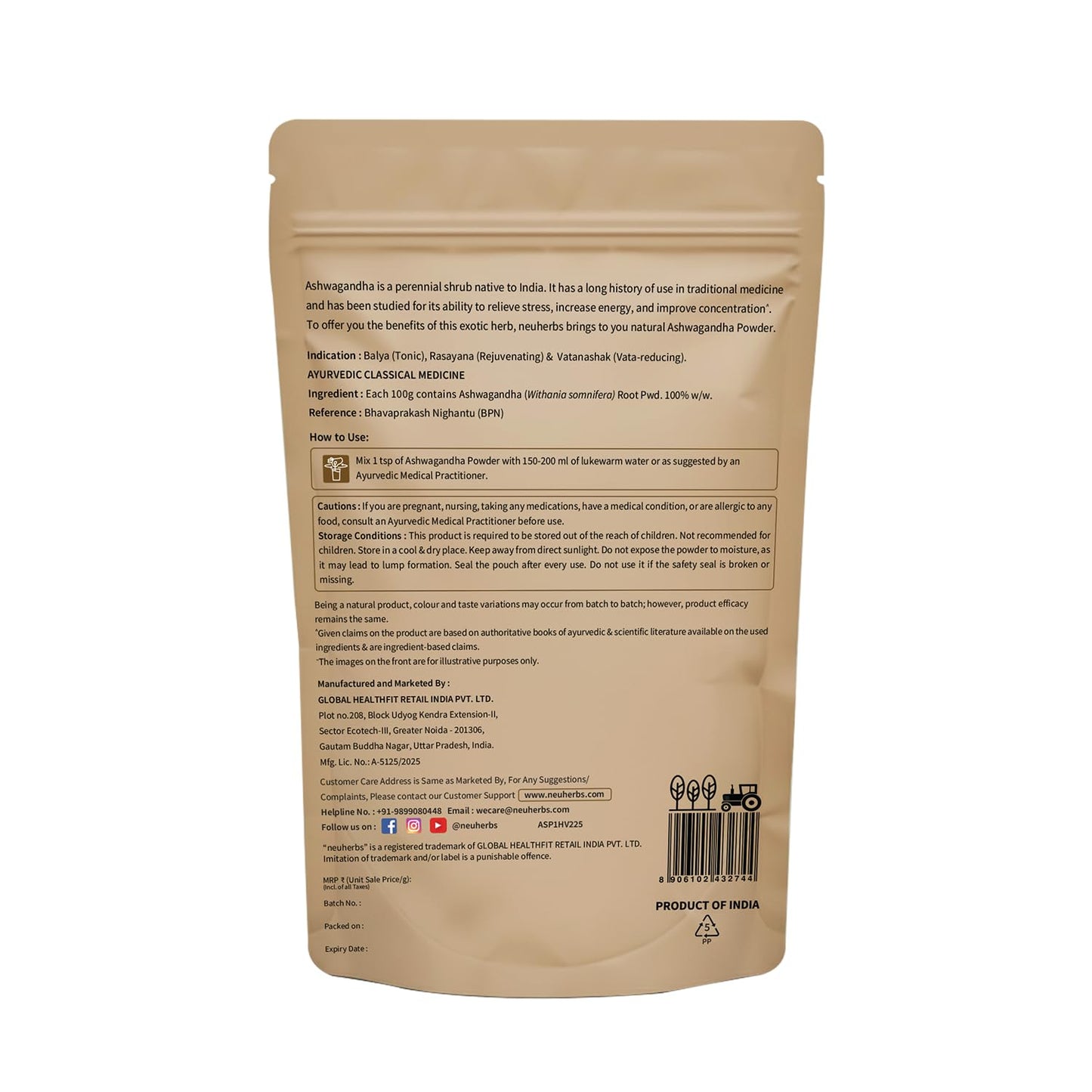 Neuherbs Ashwagandha Powder - 100 Gm | Ayurvedic Support for Stress Relief, Mental Calmness & Anxiety Issues | Support Strength & Energy | Certified