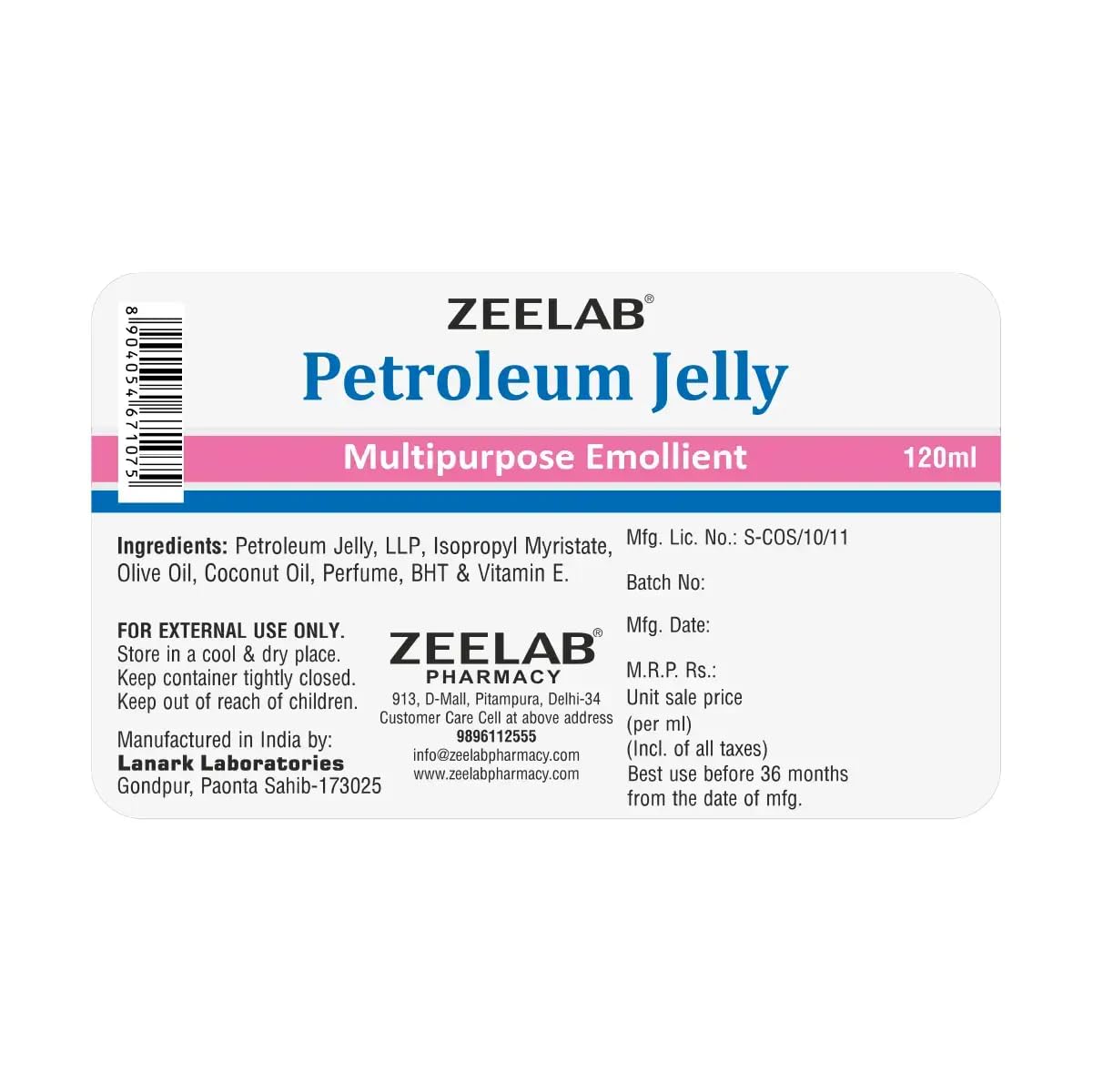 Zeelab Petroleum Jelly 120ml with Olive Oil, Coconut Oil & Vitamin E | Deep Moisturising Skin Protectant for Dry Skin, Cracked Heels, Chapped Lips & Rough Skin Care