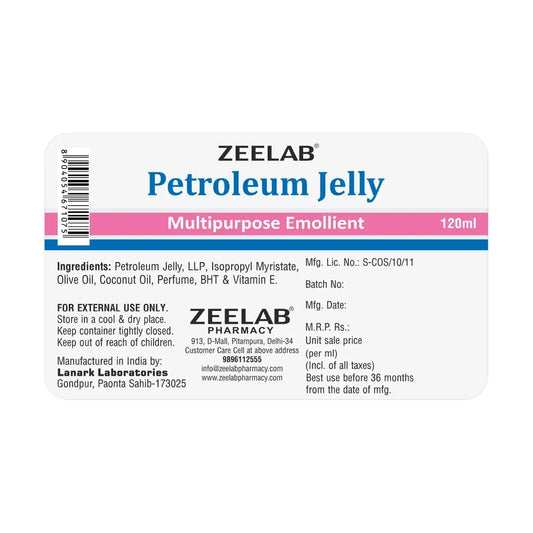 Zeelab Petroleum Jelly 120ml with Olive Oil, Coconut Oil & Vitamin E | Deep Moisturising Skin Protectant for Dry Skin, Cracked Heels, Chapped Lips & Rough Skin Care