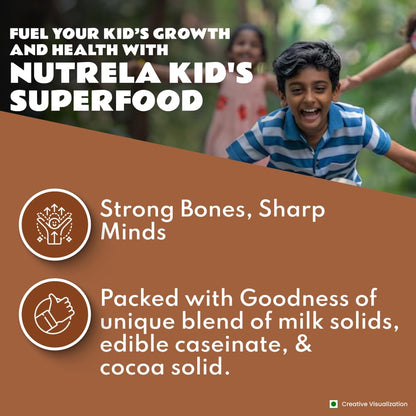 Nutrela Kids Protein Powder - 400g, Chocolate Flavour | Helps in Memory and Brain Development | Improve Muscle Mass, Bone and Teeth Strength